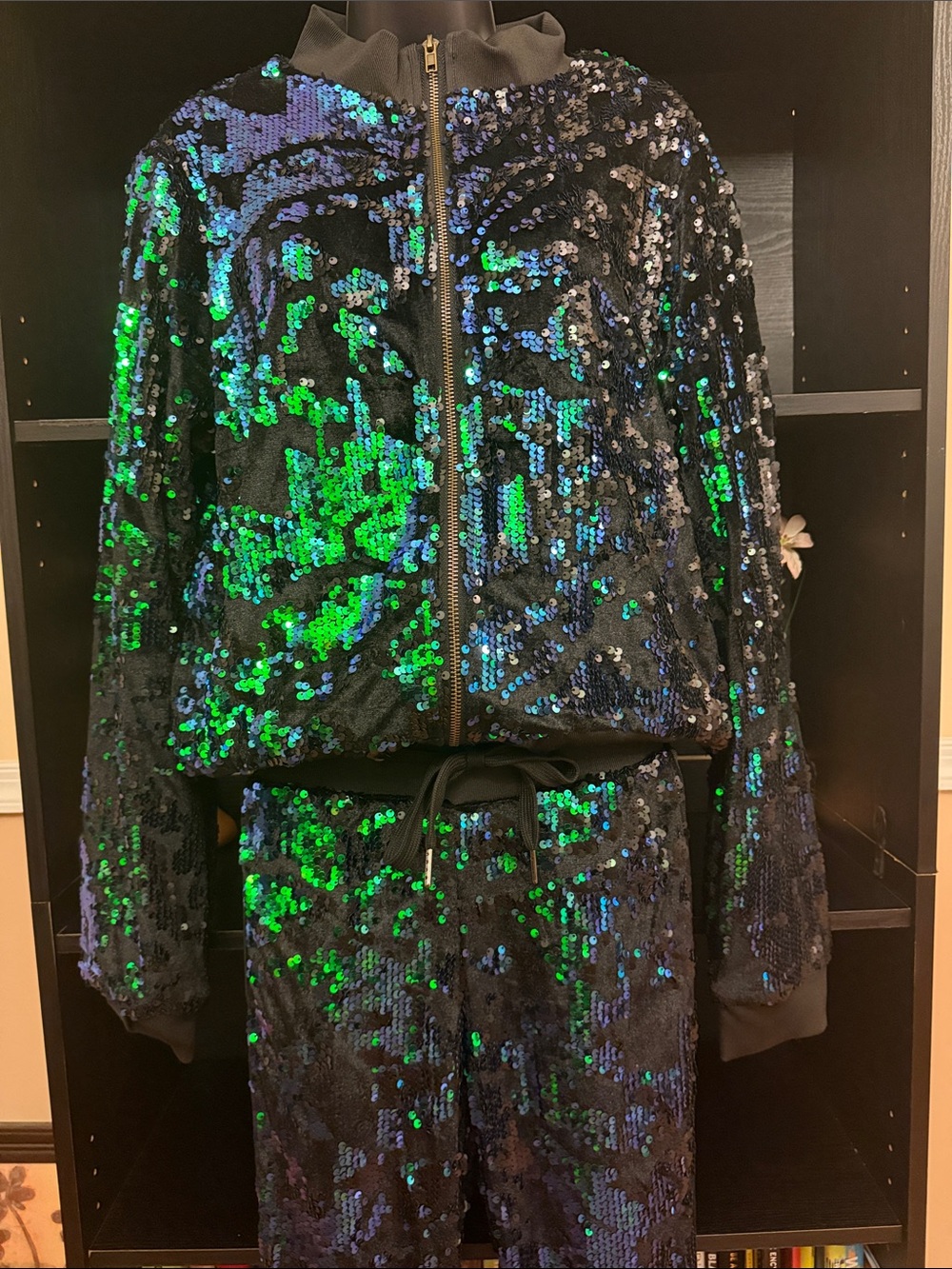 Sequin Zip Front Jacket and Joggers Set - Green/Blue